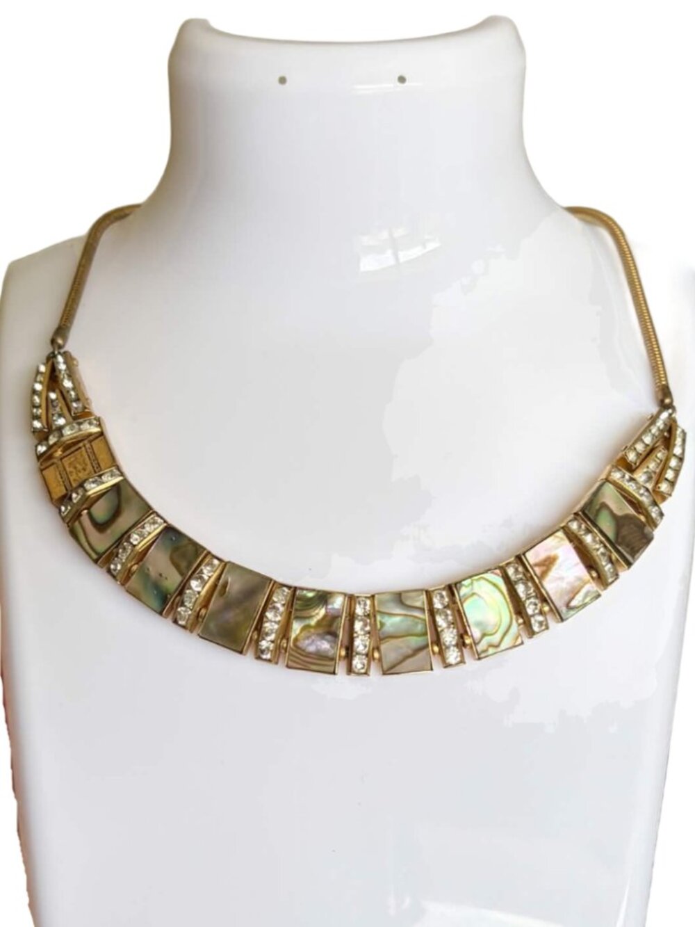 Vintage 1930s Art Deco DoSo Necklace Mother of Pearl Rhinestone Signed Gold Tone
